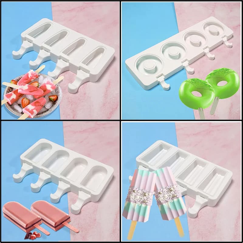 Stampi per ghiaccioli in silicone a 4 celle per uso alimentare Stampi per gelato a forma di ciambelle Strumenti per ghiaccioli estivi Vassoio per cubetti di ghiaccio e bastoncini di legno