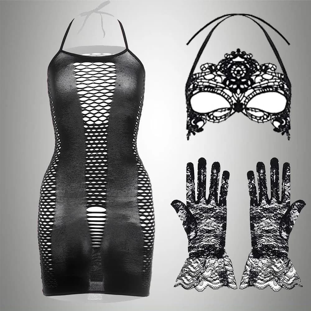3 IN 1 Set Exotic Dress+Mesh Jacquard Gloves+Mask Ball Masquerade Women Underwear Fishnet Bodystockings Teddies Mujer