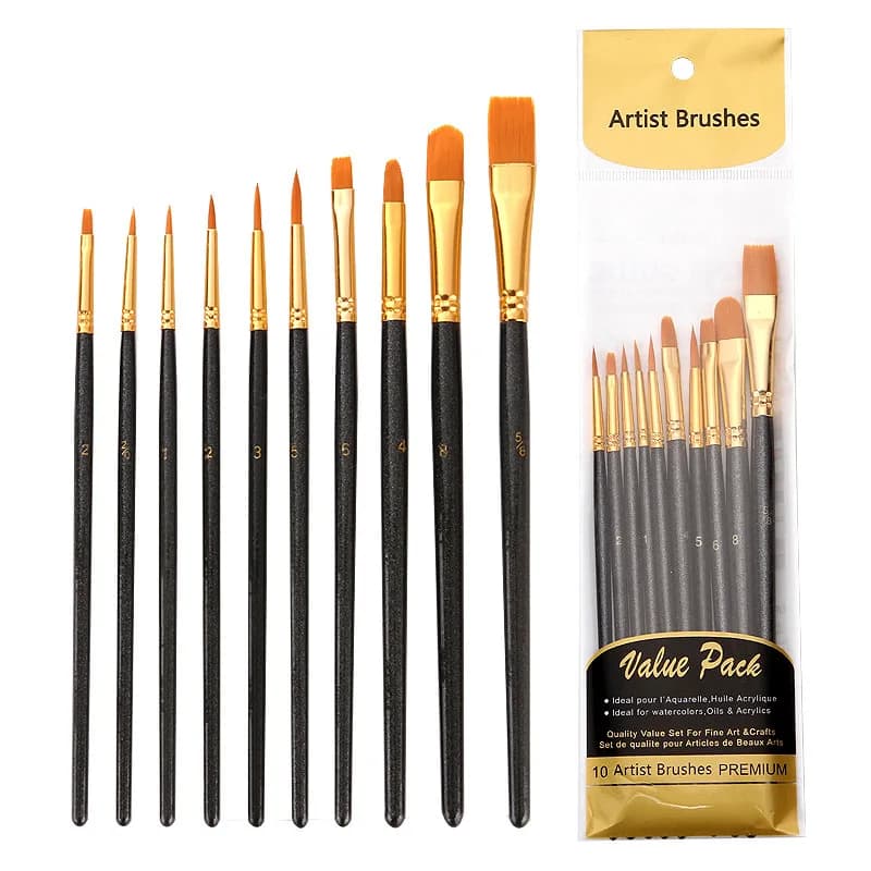 10Pcs Professional Nylon Artist Paint Brush Set Watercolor Acrylic Wooden Handle Painting Brushes Art Supplies Stationery