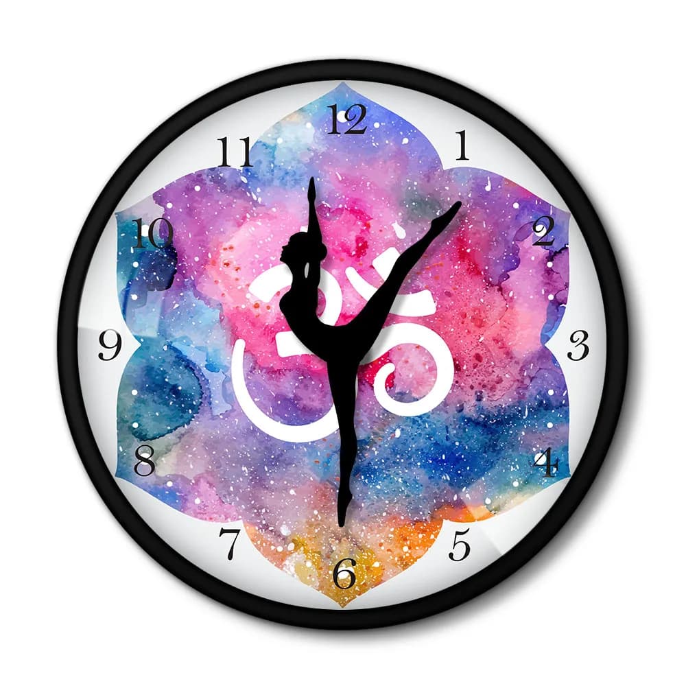 Wall clock with metal frame for meditation yoga, watercolor symbol, Om Buddha, modern art, wall clock, dancers, Yogi, interior decor