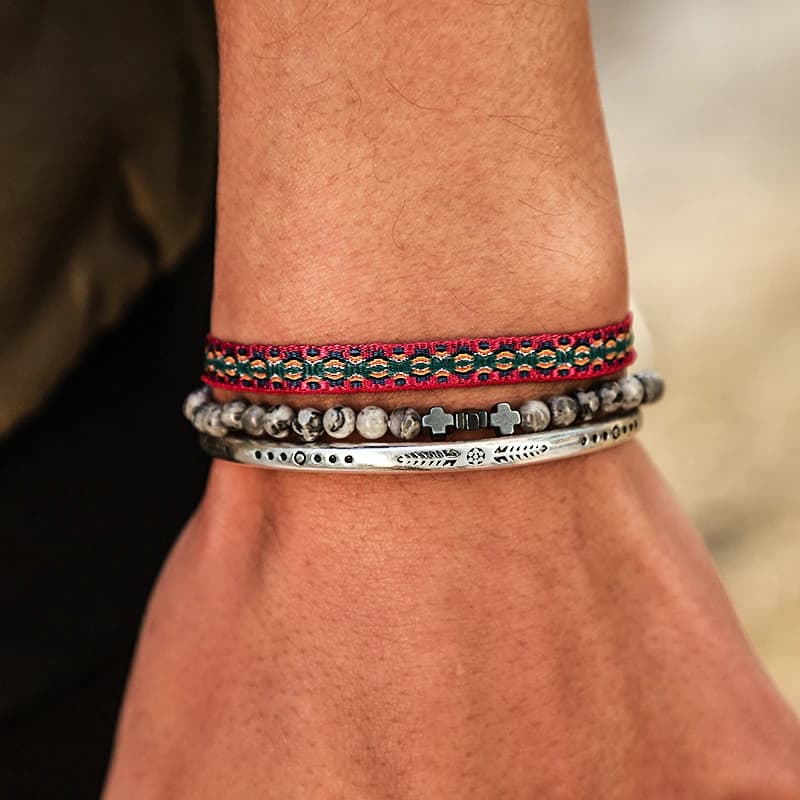 3Pcs/ Set Adjustable 925 Silver Plated Bracelet Natural Stone Map Stone Beaded Tibetan Buddha Knot Rope For Men Jewelry Gift