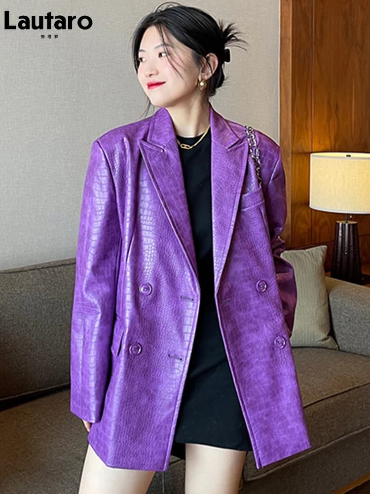 Lautaro Autunno oversize lucido viola modello coccodrillo giacca in ecopelle donna manica lunga doppio petto Y2K giacca moda