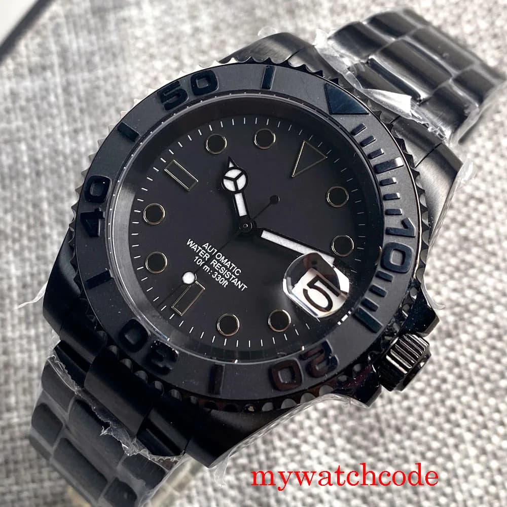 PVD nero 40mm NH35AA PT5000 Miyota Orologio da polso automatico da uomo Data Quadrante nero sterile Lancette in vetro zaffiro Beze rotante