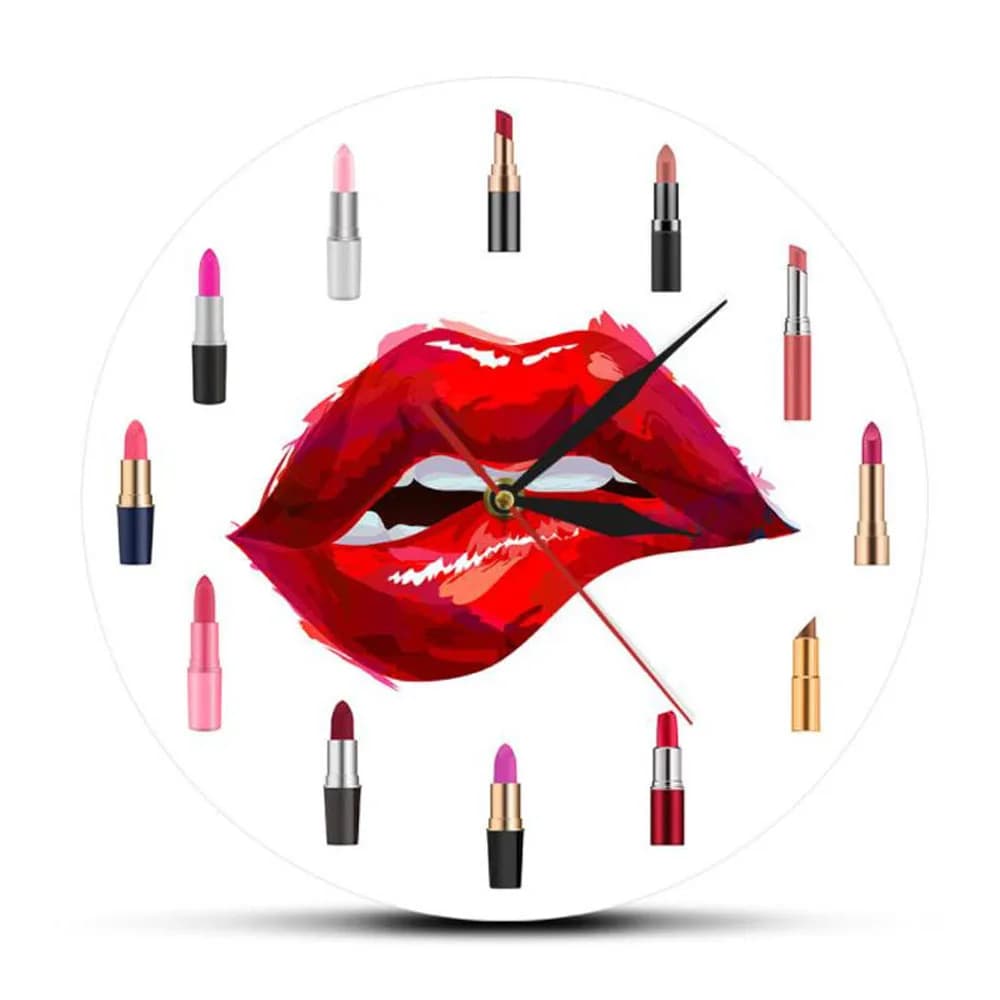 Single wall clock in acrylic with red lips, pretty lipstick, decorative print, round wall clock, make-up, beauty salon, art, fashion, Pared Wo