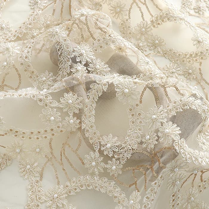 125cm wide 0.5meter/lot High End Customized Champange Color Embroidery Cloth Fabric with Pearl Beads Wedding Dress/Clothes X296