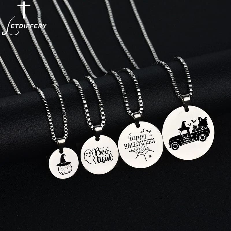 Letdiffery Gifts Halloween Necklaces Stainless Steel Sweetheart Necklace or Trick Words Incise to Laser Photo Jewelry Party Woman