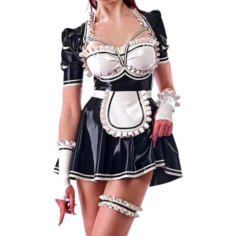 Sexy cameriera francese vestito in lattice aperto anteriore grembiule guanti gamba anello reggiseni indietro volant uniforme di gomma aderente tutina LYQ-0258