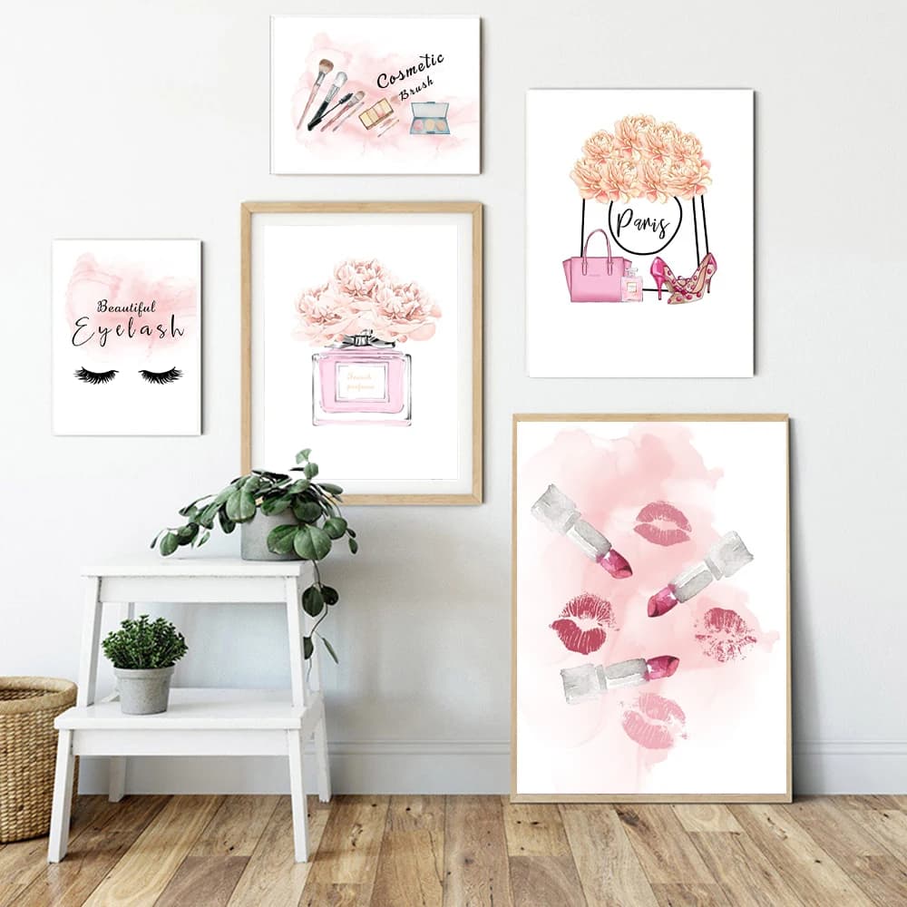 Poster di moda Pennelli per trucco Bellezza Wall Art Stampe per borse di moda Pittura su tela Profumo rosa Immagini murali Ragazza Room Decor