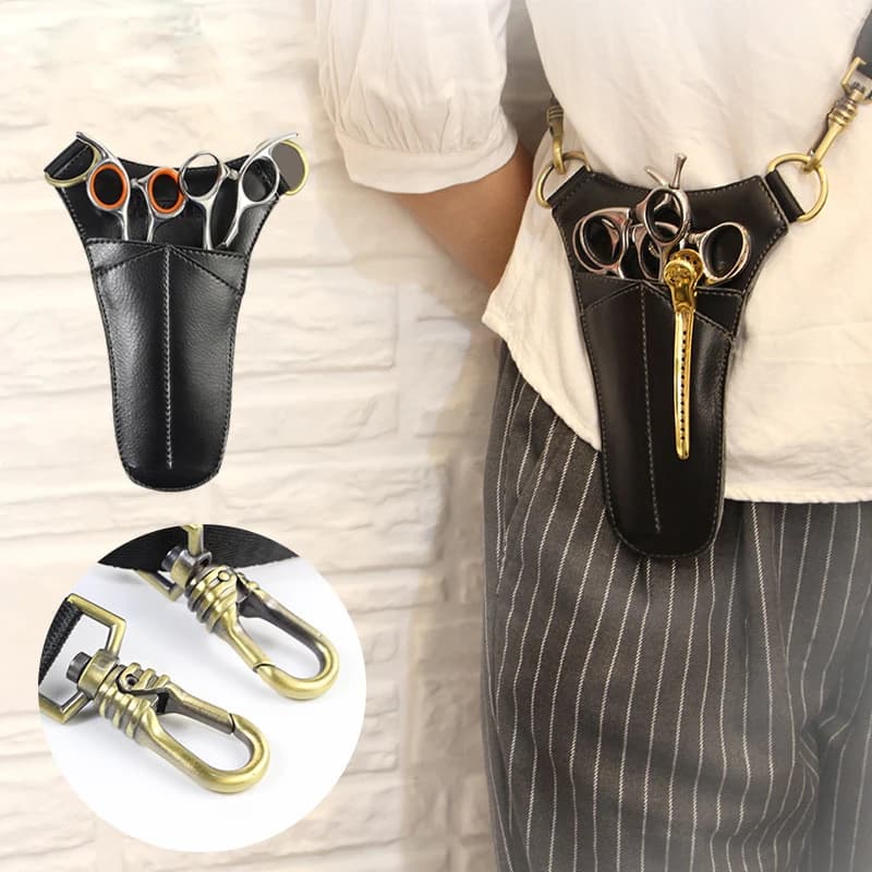 Borsa Porta Forbici da Parrucchiere in Pelle con Rivetti, Custodia per Forbici da Barbiere con Cintura da Spalla e Vita, Nero