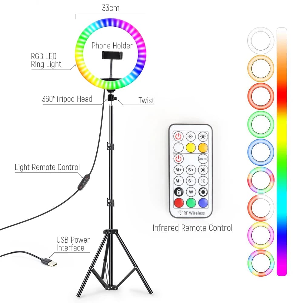 Anello luminoso per selfie a led RGB da 13 pollici con treppiede da 0,5 m 1,6 m 2 m Illuminazione fotografica colorata da 33 cm con telecomando per Youtube