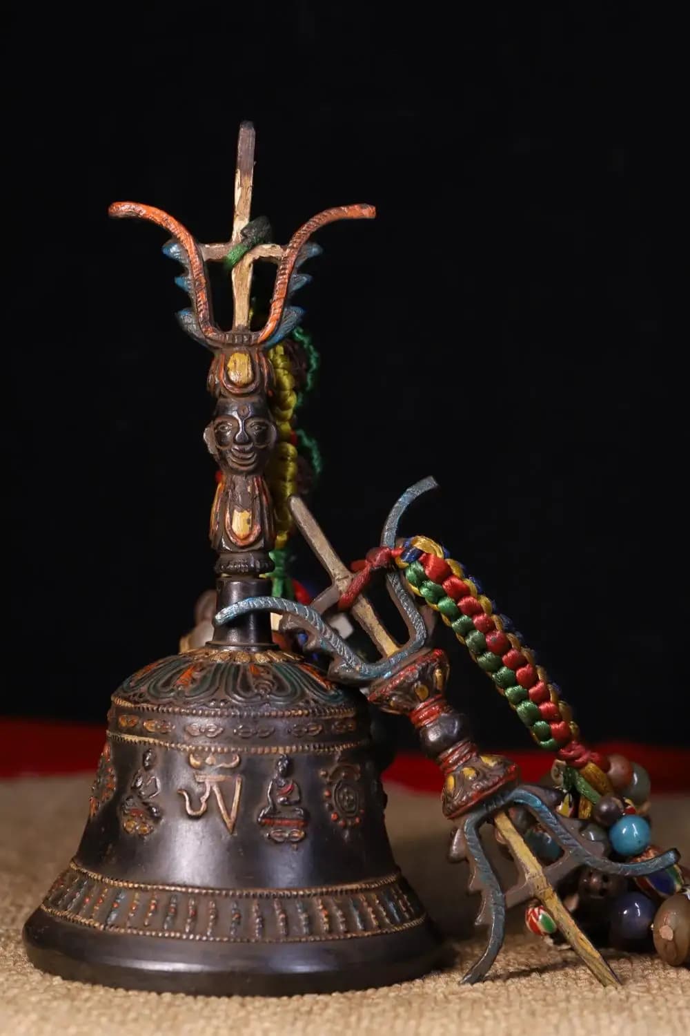 8"Tibetan Temple Collection Old Bronze Painted Old Ringing Bell Sanskrit Pattern Bell Vajra Amulet Dharma Worship Hall
