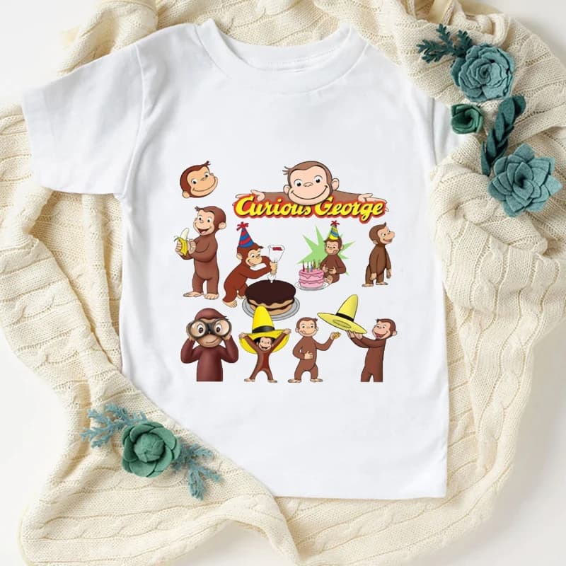 Magliette per ragazzi di nuova concezione stampa Cartoon George sotto cappello giallo scimmia camicia per bambini magliette per ragazze carine top in costume di compleanno