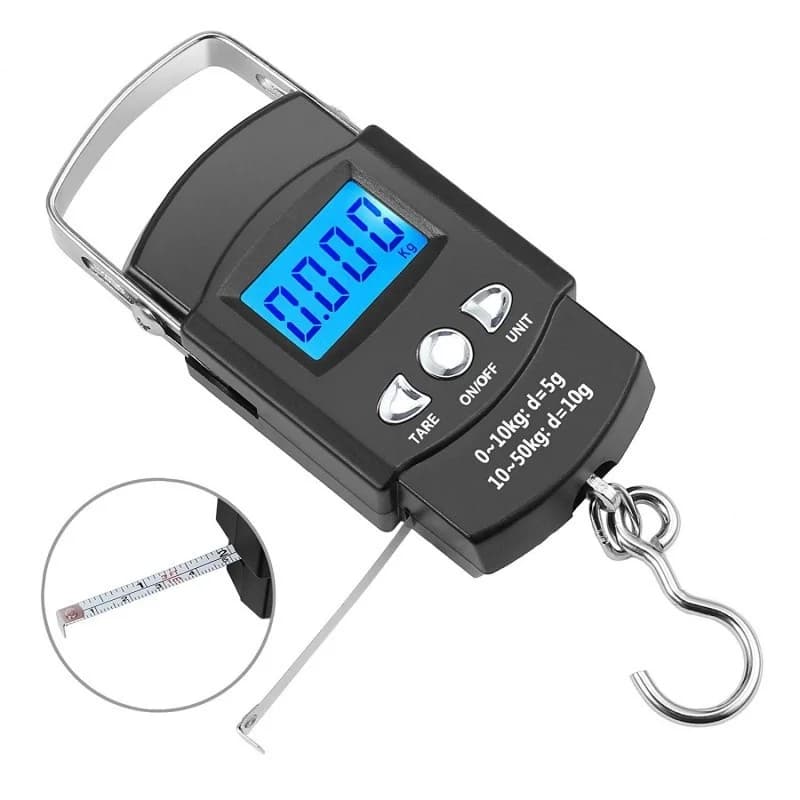 Bilancia per bagagli portatile 50kg/1g Gancio da pesca con nastro elettronico Kg Oz Lb Jin Display LCD Super portante