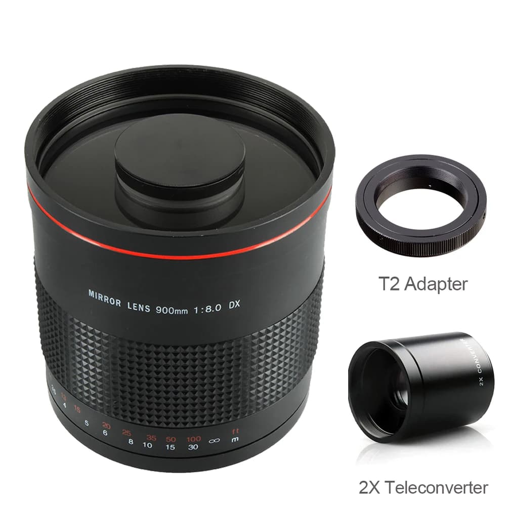 Obiettivo Prime Manuale per Fotocamera + Teleconvertitore 2X + Adattatore T2 per Canon Nikon Pentax Olympus Sony Fuji DSLR