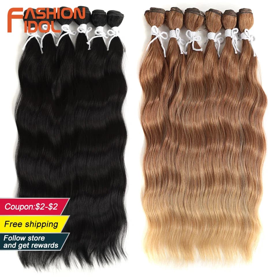FASHION IDOL Fasci di capelli con onda d'acqua Estensioni dei capelli sintetici Fasci di tessuto per capelli biondi Ombre 6 pezzi 20 "Fibra ad alta temperatura