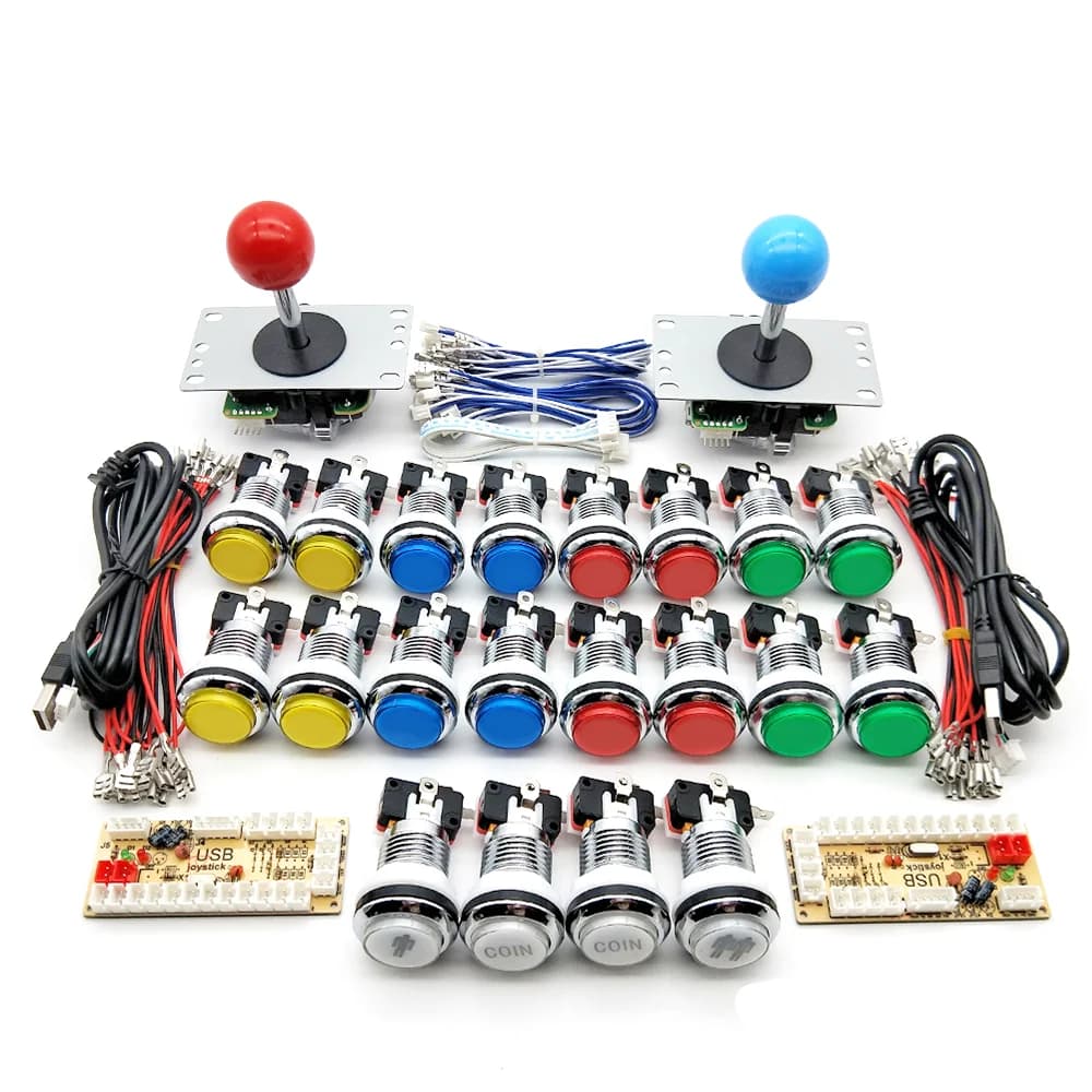 Arcade kit with chromed silver LED buttons, Sanwa joystick, USB encoder cable for PC Raspberry Pi, 2 players, DIY games parts