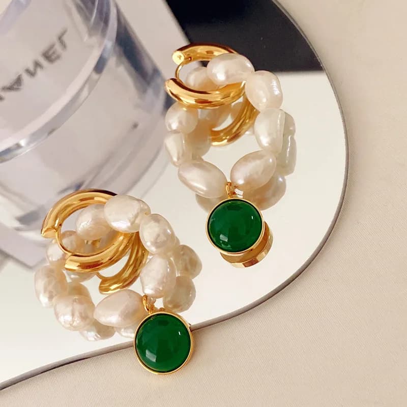 Women's S925 Eardrop Vintage Pendant Eardrop Created Emerald Pure Imitation Pearl Jewelry Fine Earrings Gift Button