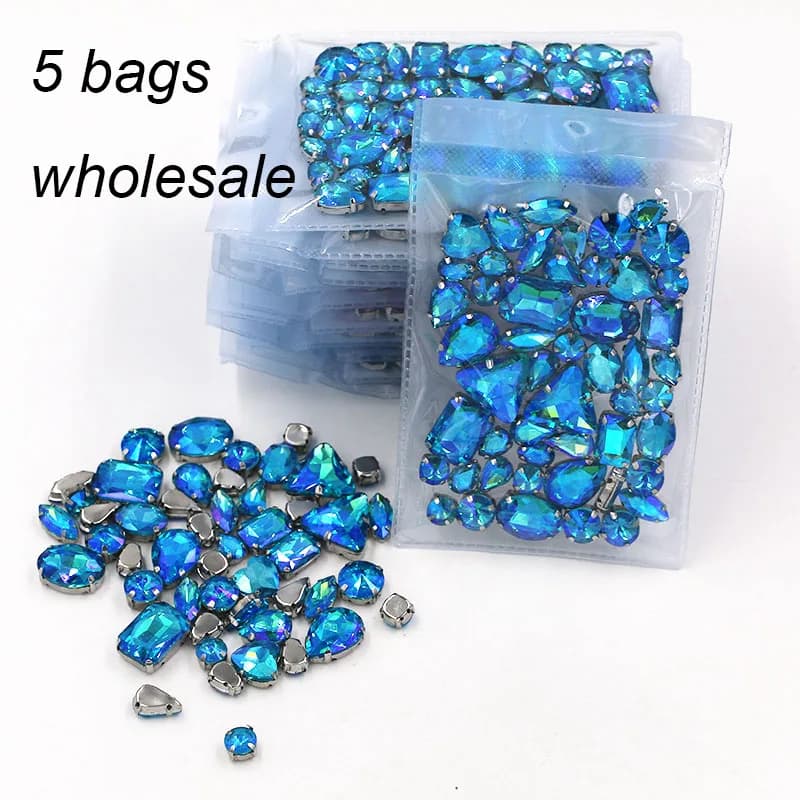 Commercio All'ingrosso di 5 Borse di Figura Mista Lago Blu Ab Strass di Cristallo di Vetro Argento Base Cuce Sul Strass per Abito da Sposa