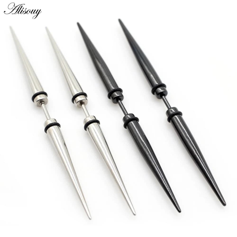 Alisouy 2 pcs Unisex Gothic Punk Spike Stainless Steel Cone Manubri Libra Earrings For Women Men Jewelry Penetration