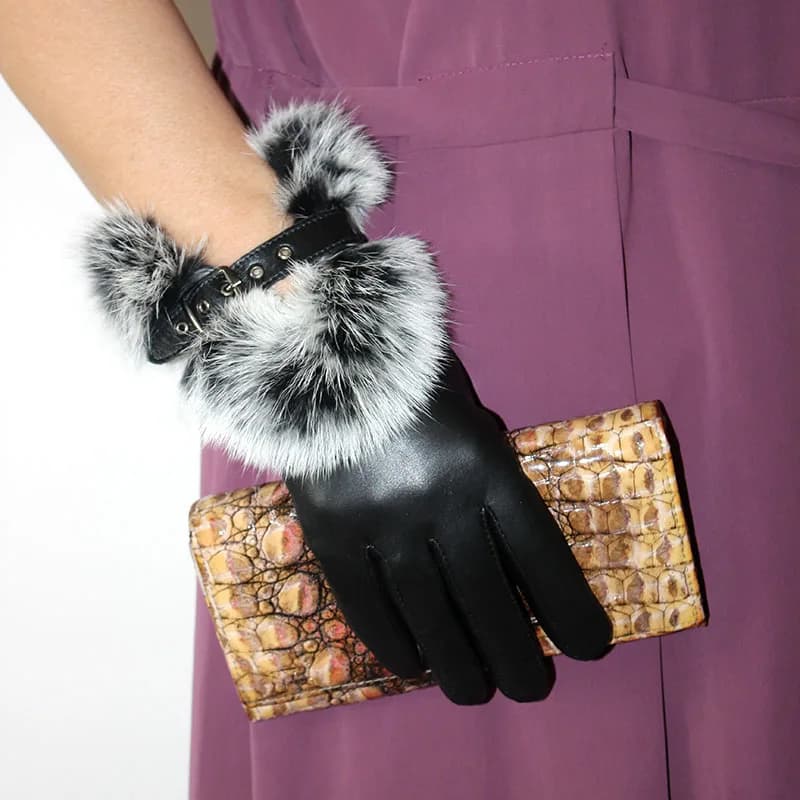 Guanti invernali in pelle di pecora calda moda donna 2021 nuovi guanti da guida freddi e vento foderati in velluto con bocca di pelliccia di coniglio
