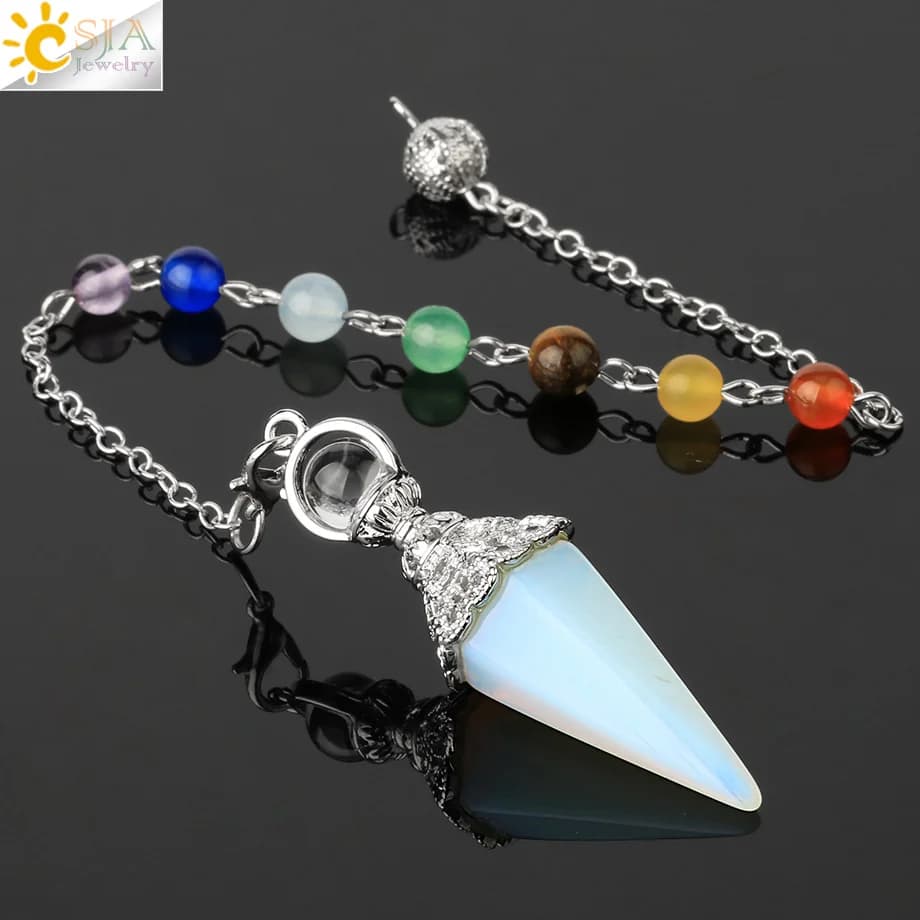 CSJA Pietre Naturali Pendolo per Dowsing Divination 7 Chakra Catena Colonna Argento-colore Cono Ciondolo Reiki Pendule G400