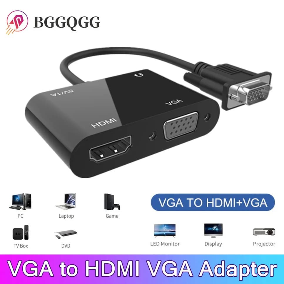BGGQGG HD VGA adapter to HDMI VGA, VGA output 1 in 2 splitter for desktop computer laptop computer monitor projectors