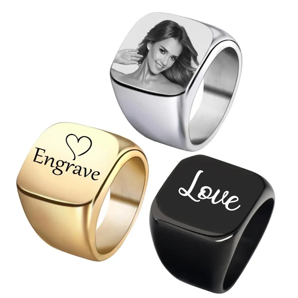 Custom Stainless Steel Ring Laser Engraved Custom Name Photo Square Wedding Party for Men Anniversary Gift SL-105