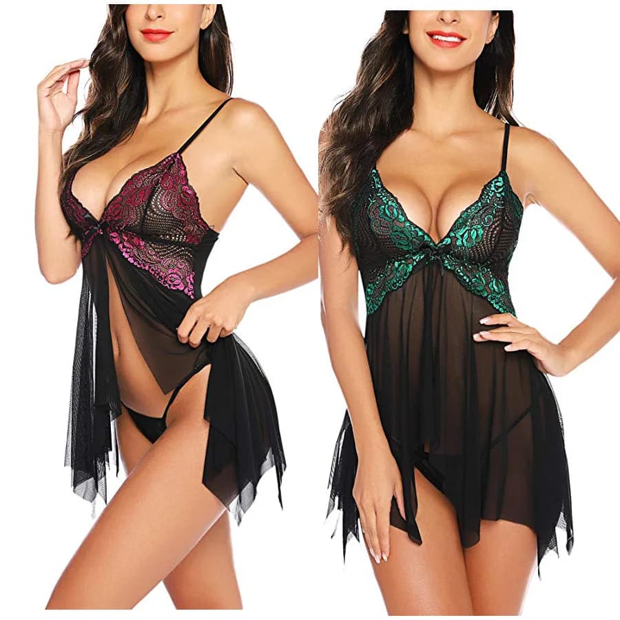 Men's nightdress lace pyjamas nightdress Babydoll nightwear Lingerie Sexy bathrobe transparent nightdress home clothes