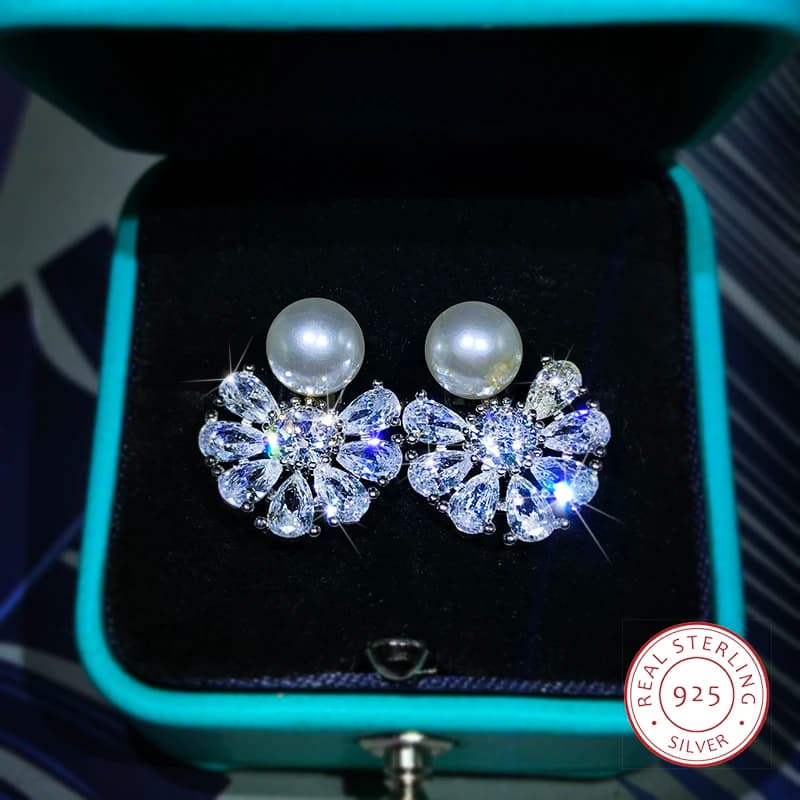 Elegant Temperament Pearl Snowflake Earrings Ladies 925 Sterling Silver Fashion Silver Jewelry Party Anniversary Jewelry Gift