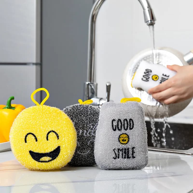 4 pz cartone animato faccina spugne per lavare i piatti cucina bifacciale spugne per la pulizia della pentola per uso domestico e pulizia della ciotola