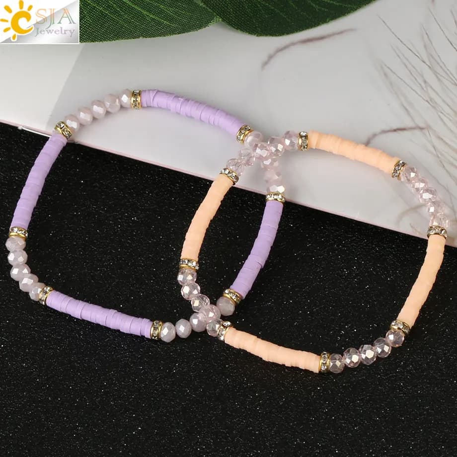 CSJA bracciali con perline di cristallo sfaccettato semplice braccialetto elastico in argilla polimerica colorata gioielli fatti a mano per donna ragazza S567