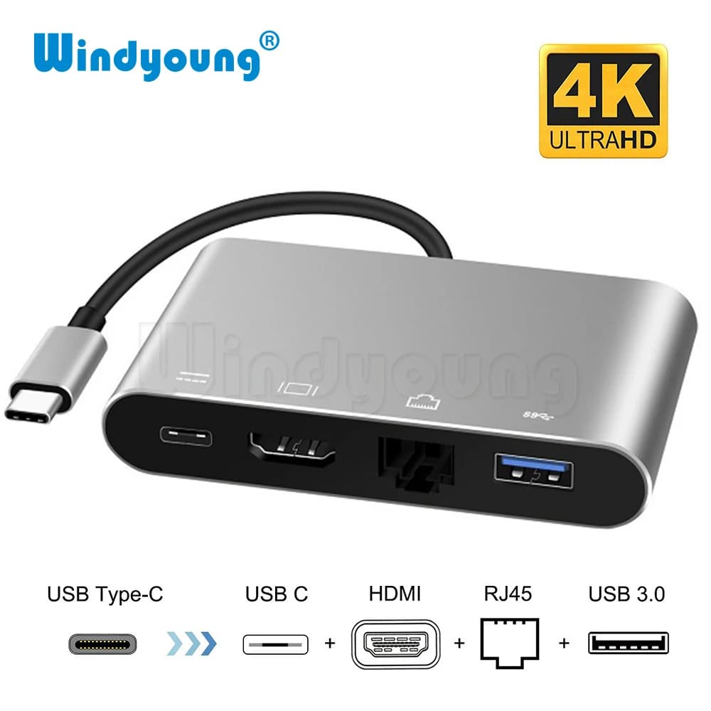 4 in 1 USB Type-C to HDMI 4K RJ45 Gigabit Ethernet Type-C PD OTG Hub Adapter 3 in 1 USB Type-C HUB for MacBook USB-C Splitter