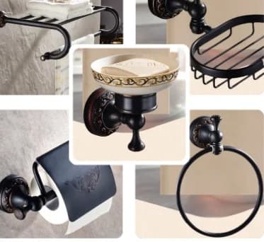 Set of modern black wall bathroom accessories, luxury brass clothes hooks, toilet paper holder, towel rack, bathroom accessories set