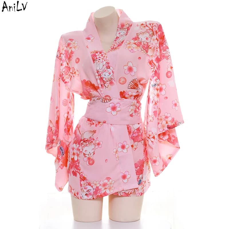 AniLV Anime giapponese Cherry Pink Kimono Accappatoio Costume JK Ragazza Studente Natsu Matsuri Kimono Uniforme Cosplay