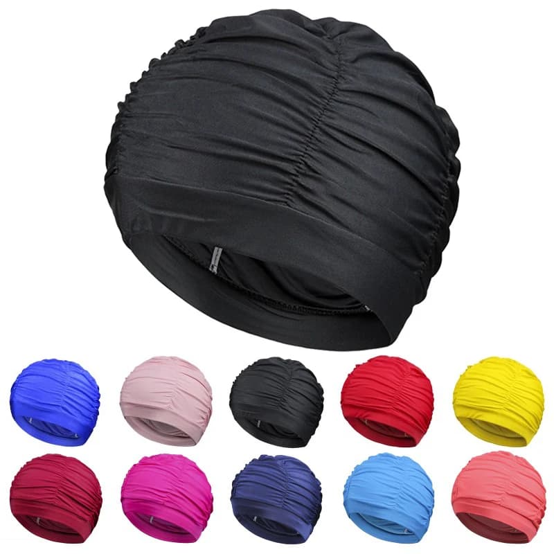 New color solid hair long woman swimming pool water sports nylon fabric pleated elastic swim cap turban