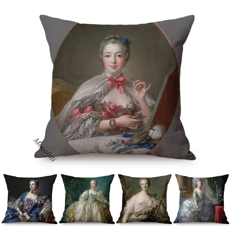 Francia Madame De Pompadour Ritratto Arte Divano di lusso Decorazione Federa per cuscino Fodera per cuscino con pittura a olio di corte famosa nordica