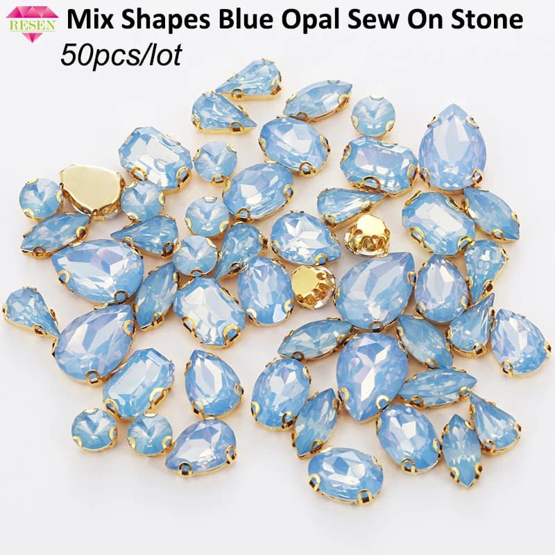 RESEN 50 PZ Forme Miste Formati Mix Formati Resina Opale Blu Cucire Pietre Con Fondo Oro Artiglio Strass Per Accessori di Abbigliamento FAI DA TE