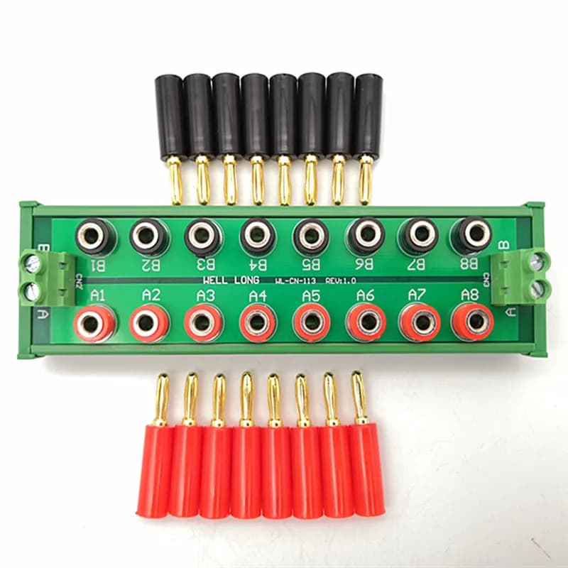Modulo di distribuzione dell'alimentazione con jack a banana 2 x 8 bit per montaggio su guida DIN, scheda di distribuzione dell'alimentazione CC.