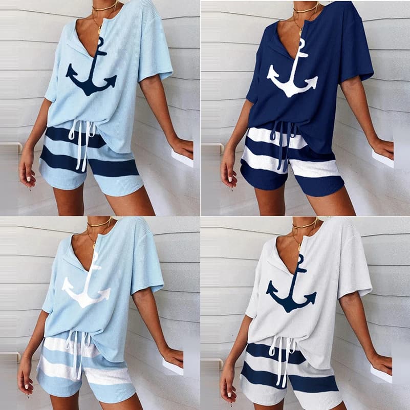Estate 2 pezzi tuta da donna camicia e pantaloncini con stampa di ancoraggio per barche Set primavera elegante scollo a V Pullover abiti sportivi da donna tasca