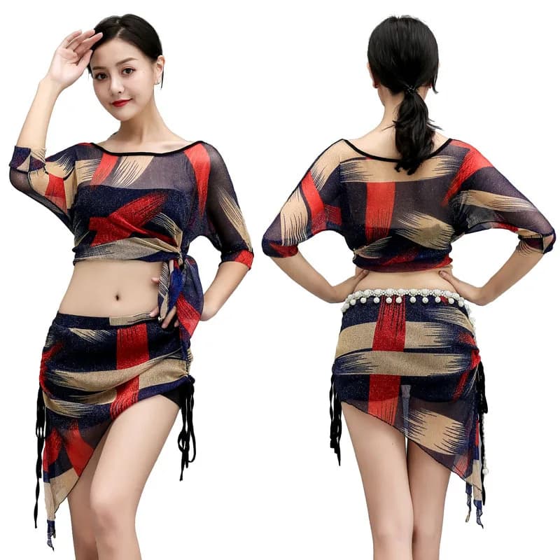 Abbigliamento per la pratica della danza del ventre orientale per le donne Costume per la danza del ventre in filato netto Top e sciarpa sui fianchi Abito da allenamento sexy Dancewear
