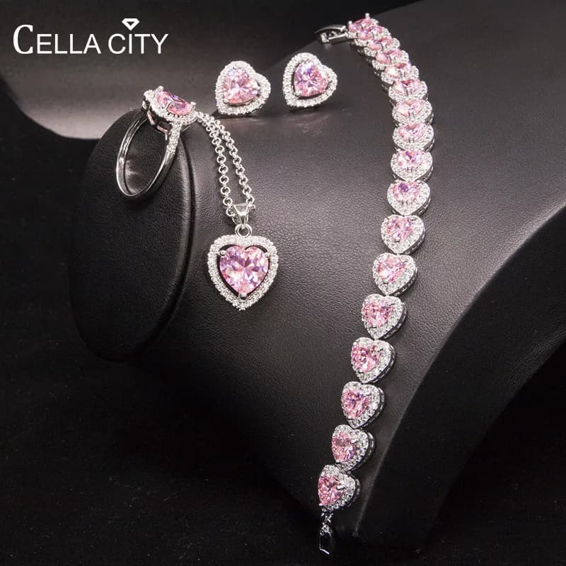 Cellacity Heart shaped Silver Jewelry Set for Women Trendy Women's Wear Jewelry Ring Earrings Necklace Bracelet Engagement