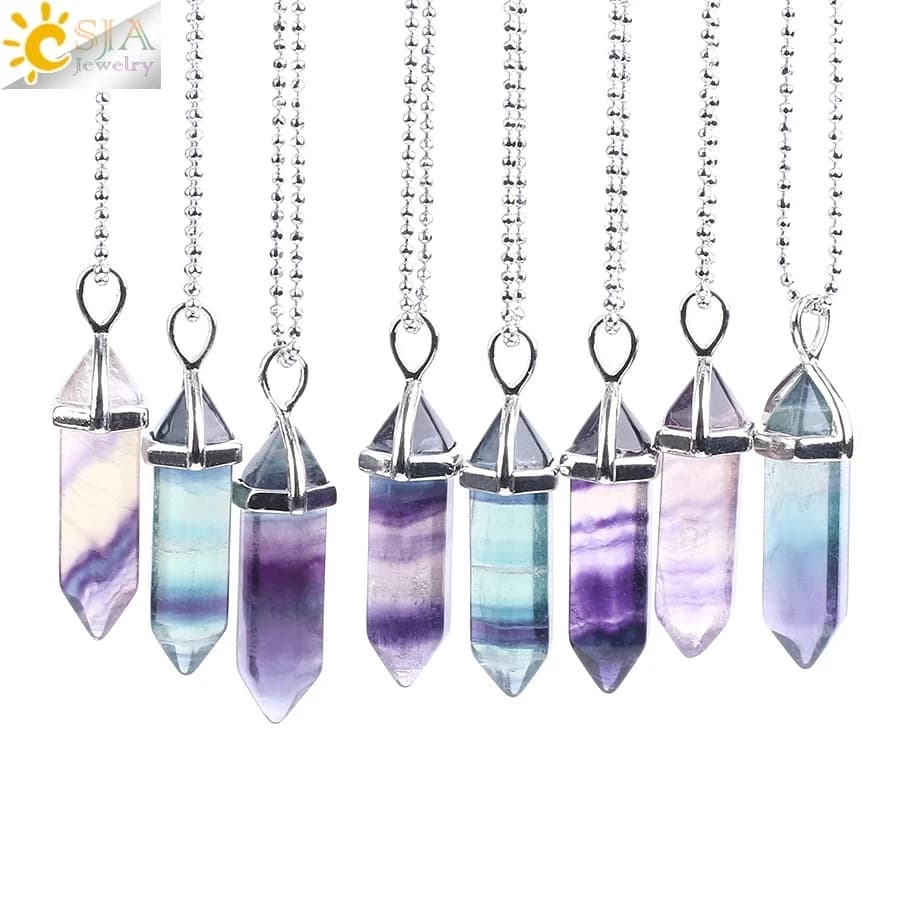 CSJA Fluorite Collane Pendenti in cristallo Sospensione Pietra preziosa naturale Quarzo Proiettile Pendolo esagonale Reiki Chakra pendulo E546