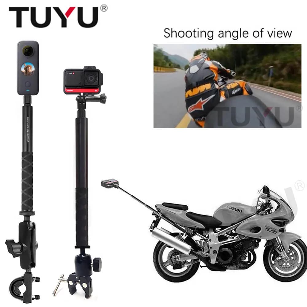 TUYU Supporto per fotocamera per moto Staffa di montaggio per manubrio per GoPro DJI e Insta360 One R X2 X3 Morsetto per bici con selfie stick invisibile