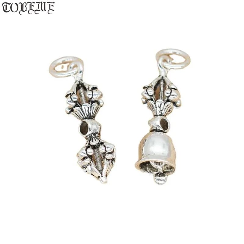 100% 925 Silver Tibetan Dorje Bell Charms Small Sterling Buddhist Vajra Pendant Solid Silver Good Luck Amulet
