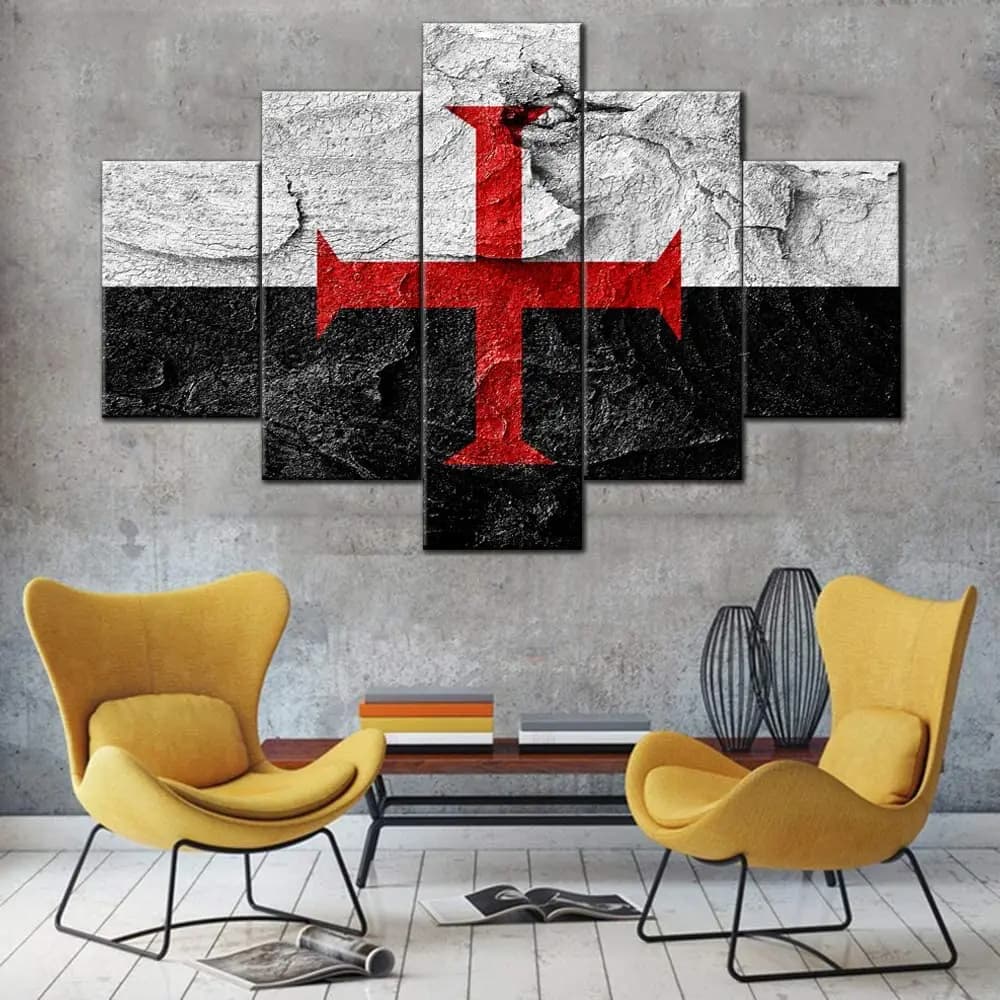 Frameless 5 Pieces Red Cross Templar Knight HD Flag Print Wall Art Canvas Posters Pictures Paintings Home Decor For Living Room