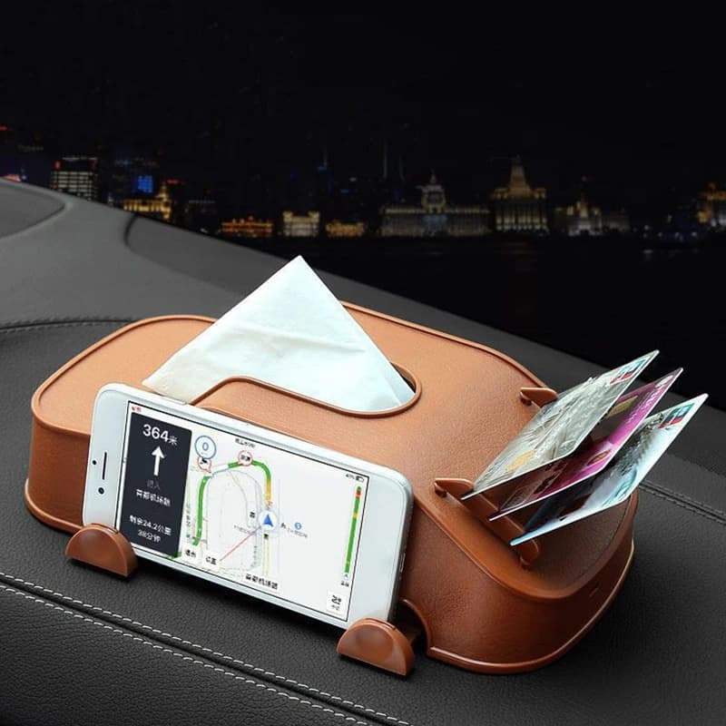 Car multifunctional handkerchief box with non-slip lower phone support with storage paper slot for car-shaped fabrics