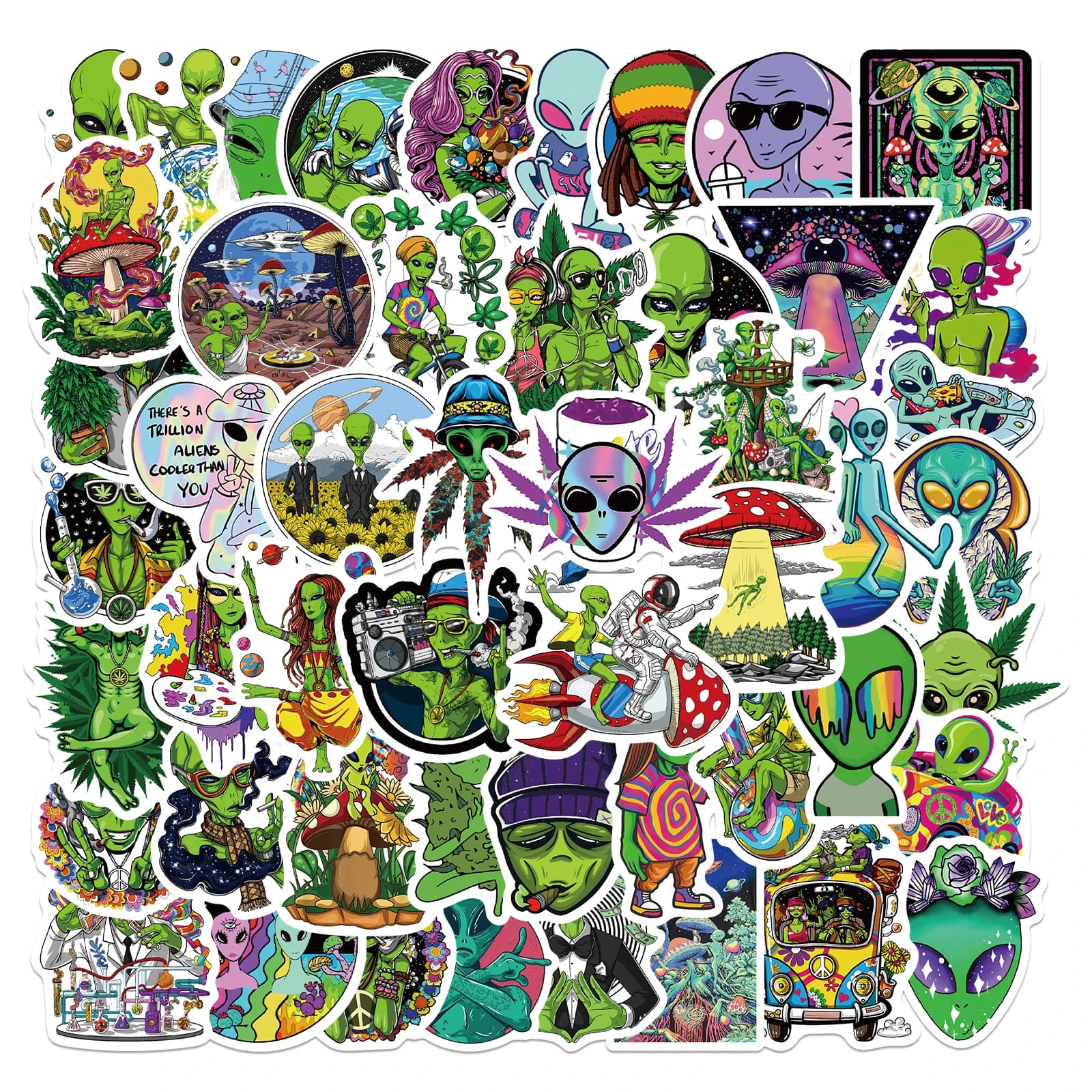 50 pieces funny psychedelic leaves Alien stickers Luggage clips Laptop waterproof stickers guitar stickers Skateboard
