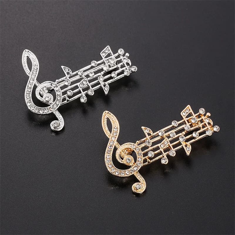 Nota musicale Spille grandi per donna Uomo Sciarpa di cristallo austriaco Clip per cappotti Spille Icona Gioielli Abito da festa Decorazione Broche