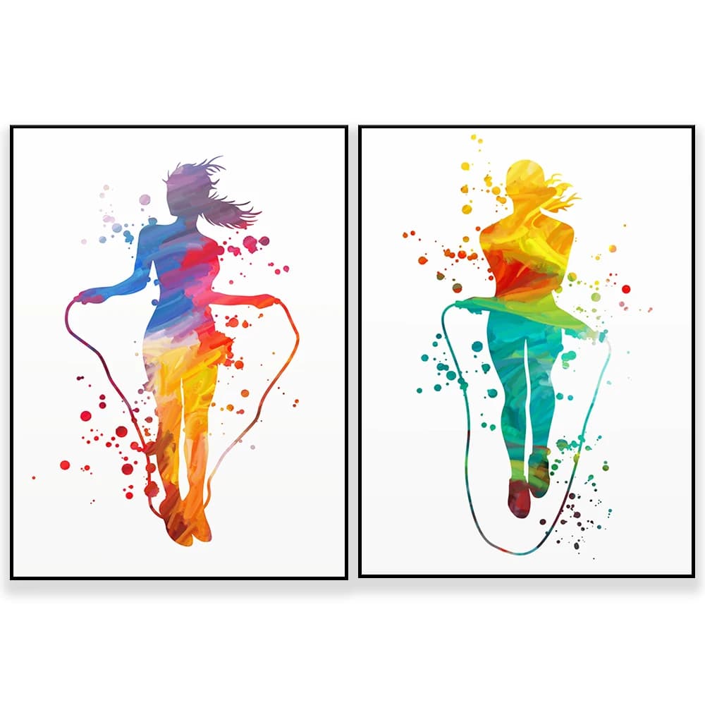 Watercolor printing for fitness girl, jump rope, exercise poster, fitness sublimation design, sports wall decoration