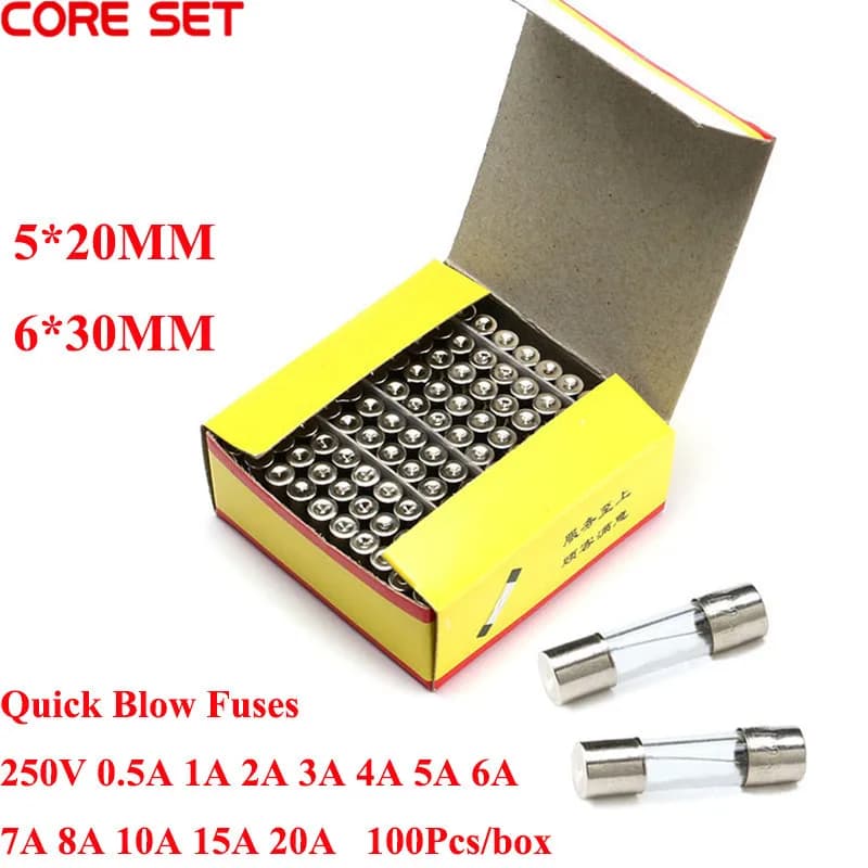 100PCS tubo di assicurazione a soffiaggio rapido 5*20MM fusibile a soffiaggio rapido in vetro 5*20 6*30 6*30MM 5X20 250V 0,5 a 1a 2a 3a 4a 5a 6a 8a 10a 15a 20a 20a